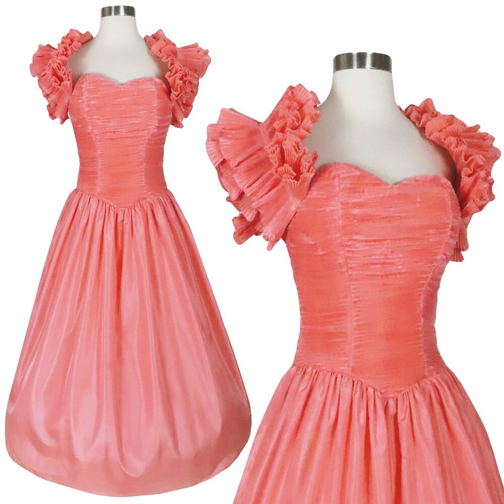Vintage 80s 90s Peach Crinkle Ruffle Full Skirt HoCo Prom Party Dress XS S